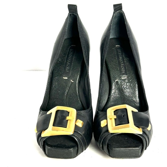 BCBG MAXAZRIA Black Buckle Studded Peep Toe Leather Heels Stiletto Shoes 7.5 B - Picture 13 of 13